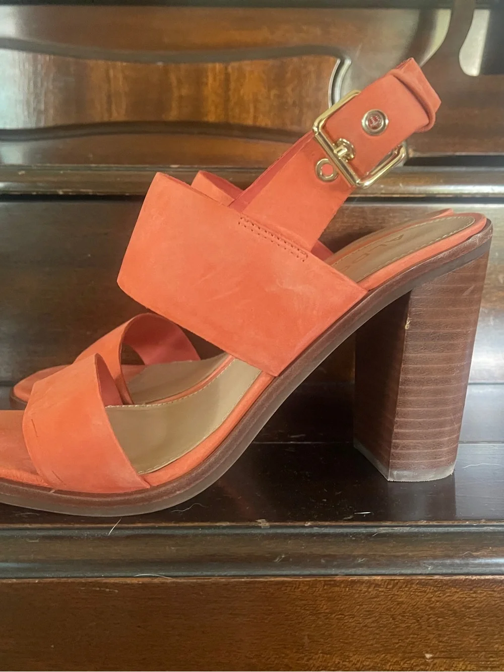 Aldo Coral Orange Suede Block Heel Sandals - Picture 2 of 4
